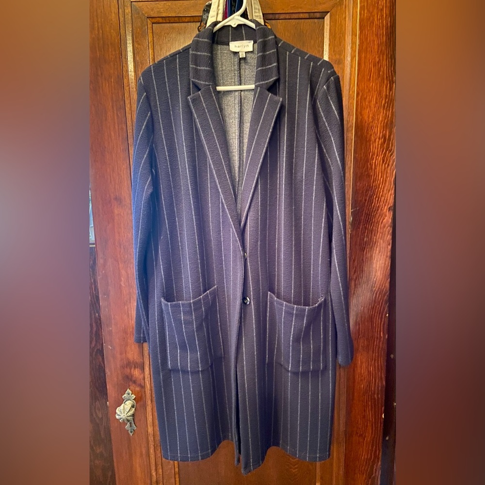 Anthropologie Harlyn Long Navy Pinstripe Knit Blazer Coat Size XL Excellent